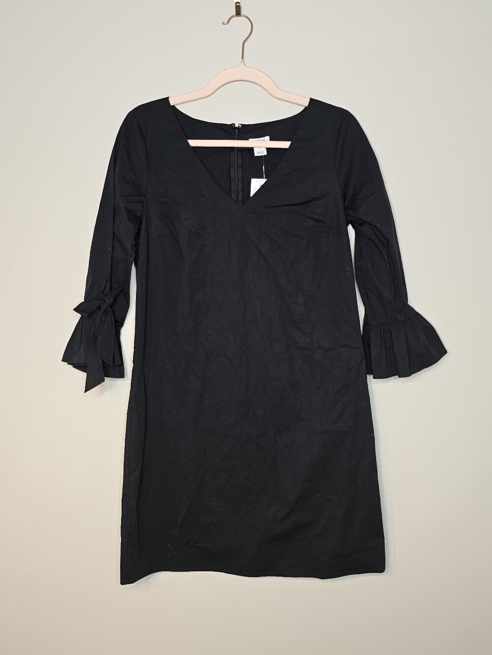 J. Crew Factory Cotton Midi Dress LBD Size 4 Zip Back Black Bow Sleeve NWT